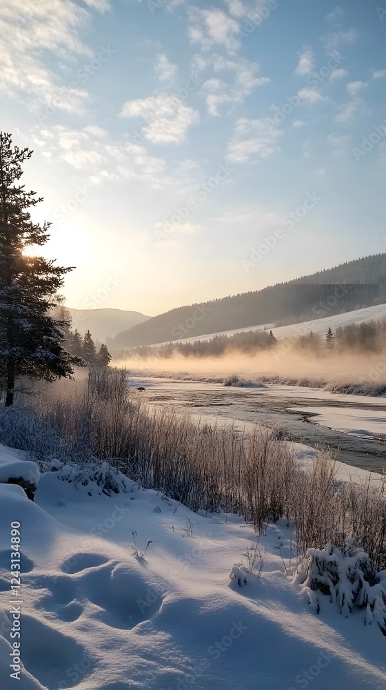 A serene winter landscape in the Scandinavian region, with snow-covered fields and forests
A serene winter landscape in the Scandinavian region, with snow-covered fields and forests