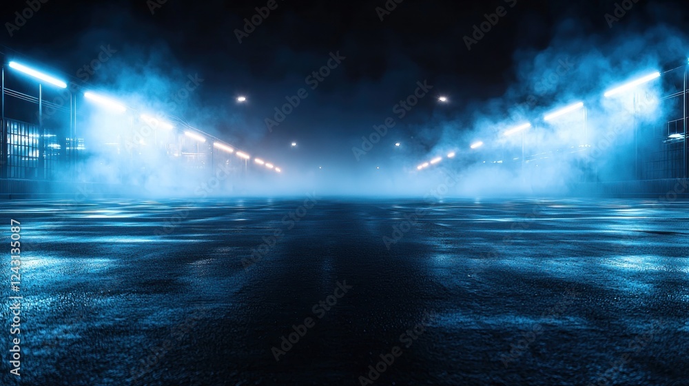 Fototapeta premium Blue Night City Street with Fog and Lights