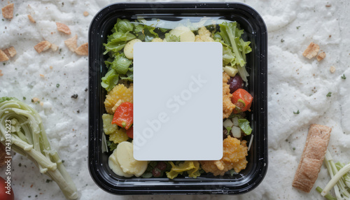 Business lunch in eco plastic container ready for delivery. Top view. Office Lunch boxes with food ready to go. Food takes away. Catering, breakfast. salad and healthy food