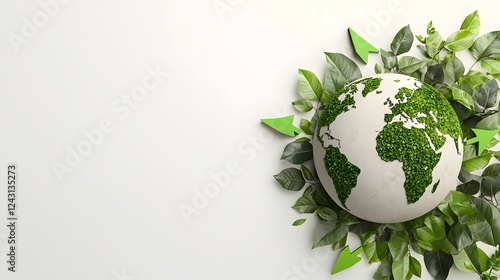 Glossy and Colorful Earth Encircled by Green Arrows Emphasizing Sustainability on Bright White Background  This image represents the concept of environmental protection eco friendly practices and sust