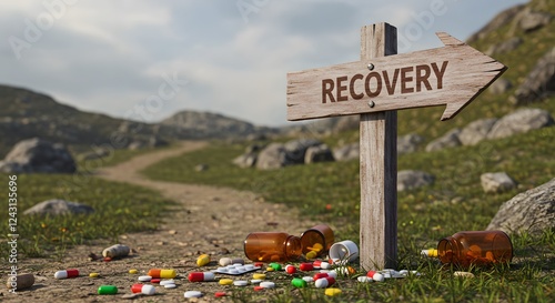 The path to recovery with scattered pills symbolizes overcoming addiction.
