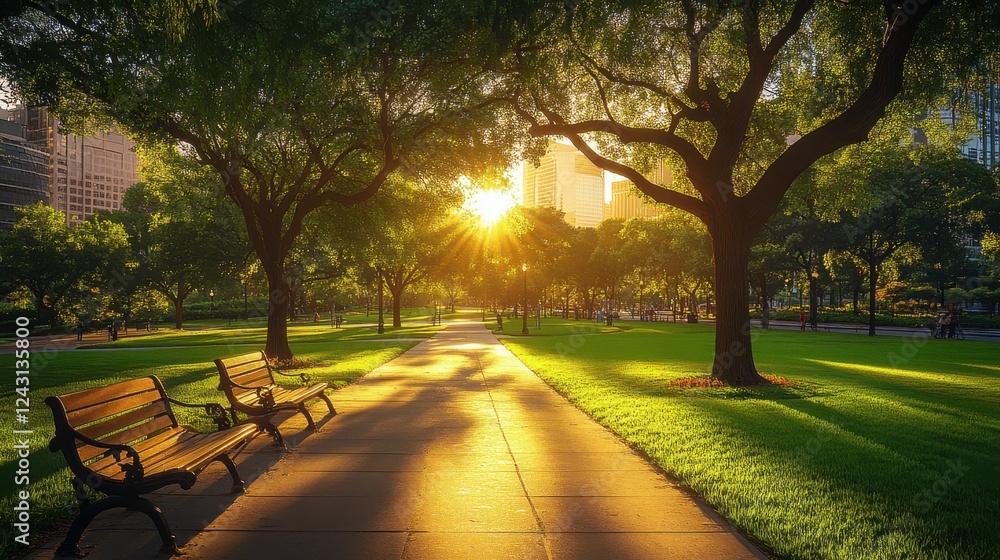 Obraz premium The surreal interweaving of green trees and light and shadow: highlighting the height of the trees and the layering of light, the theme of nature and humanity, very suitable for design and background