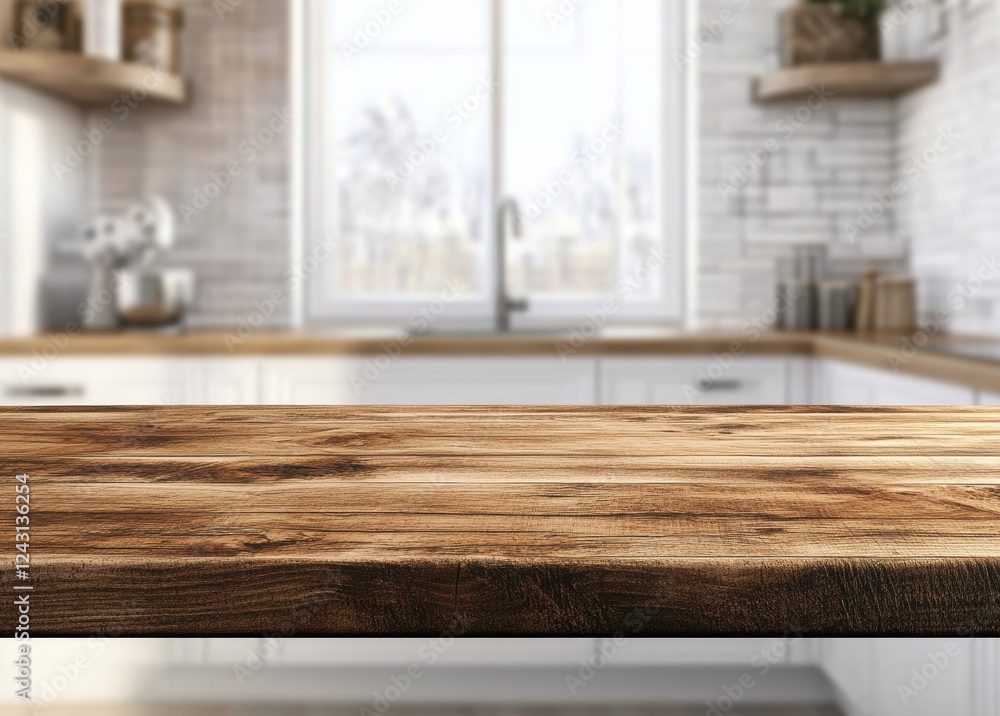 Empty wooden table top on blurred kitchen background Empty wooden table top on blurred kitchen background