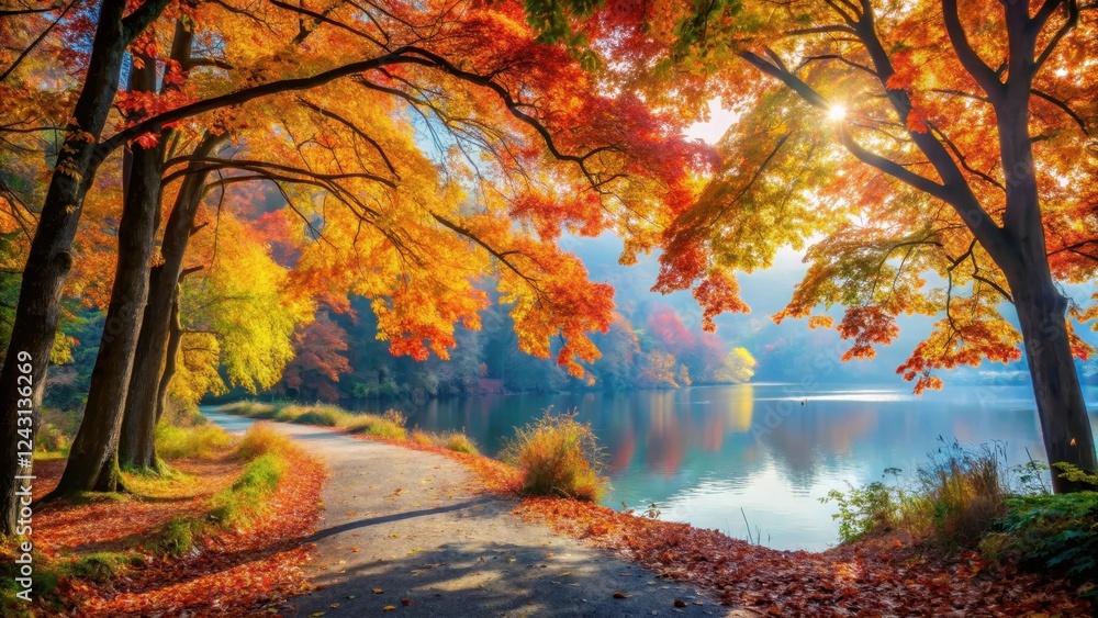 Autumnal Pathway Beside a Serene Lake, Sunlit Trees Displaying Vibrant Fall Foliage, Tranquil Nature Scene Autumnal Pathway Beside a Serene Lake, Sunlit Trees Displaying Vibrant Fall Foliage, Tranquil Nature Scene