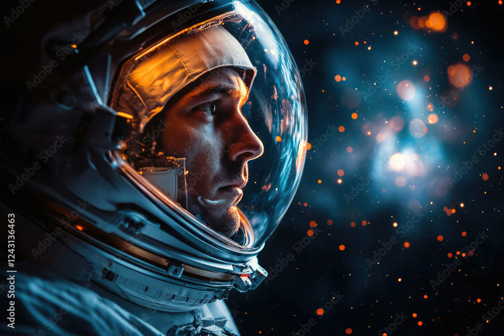 Close-up profile of an astronaut's helmet against a cosmic backdrop of nebula and stars. Close-up profile of an astronaut's helmet against a cosmic backdrop of nebula and stars.