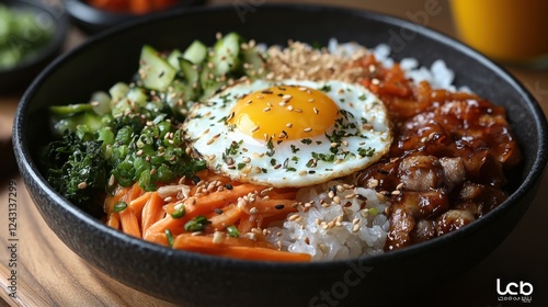 A Korean bibimbap bowl with fresh vegetables and egg
