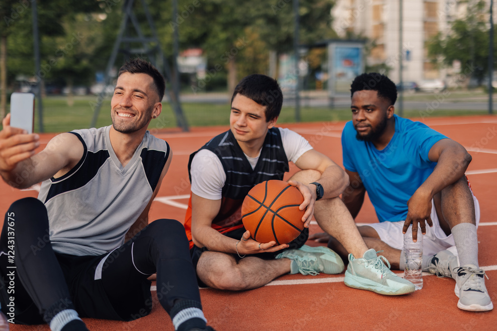 Fototapeta premium Three basketball players taking selfie after training session