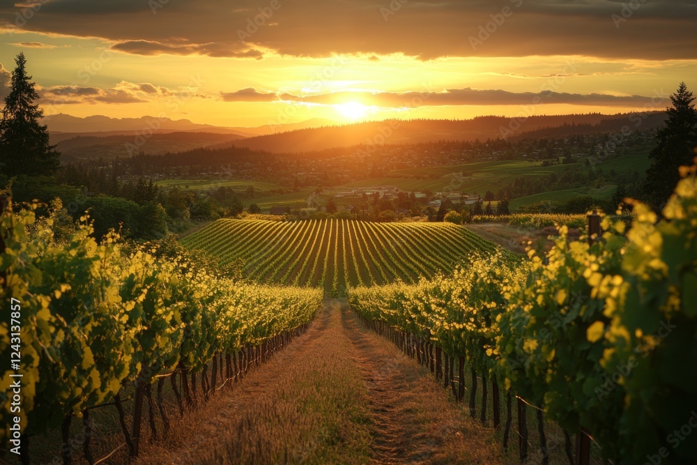 Naklejka premium Sunlit vineyard with rows of grapevines