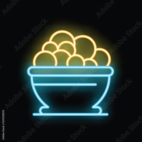 Glowing neon sign depicting a bowl overflowing with golden nuggets, symbolizing prosperity and affluence