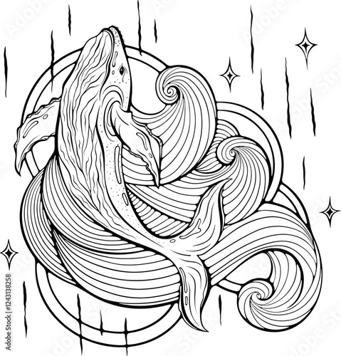 Celestial whale. Mystical animal with waves and stars. Esoteric magic symbol. Vector illustrations in hand drawn sketch style isolated on white. Black outline graphic. Coloring book page underwater