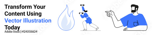 Person points forward, another looks through binoculars near flame motif. Ideal for discovery, creativity, leadership, innovation, navigation, envisioning exploration. Perfect for flat landing page