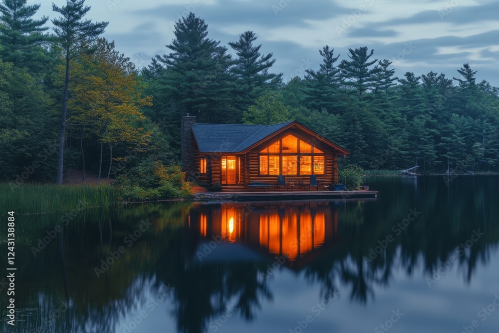 Obraz premium Cozy lakeside cabin surrounded by pine trees