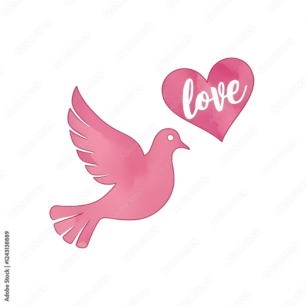 A pink dove gracefully flies towards a heart with the word A pink dove gracefully flies towards a heart with the word
