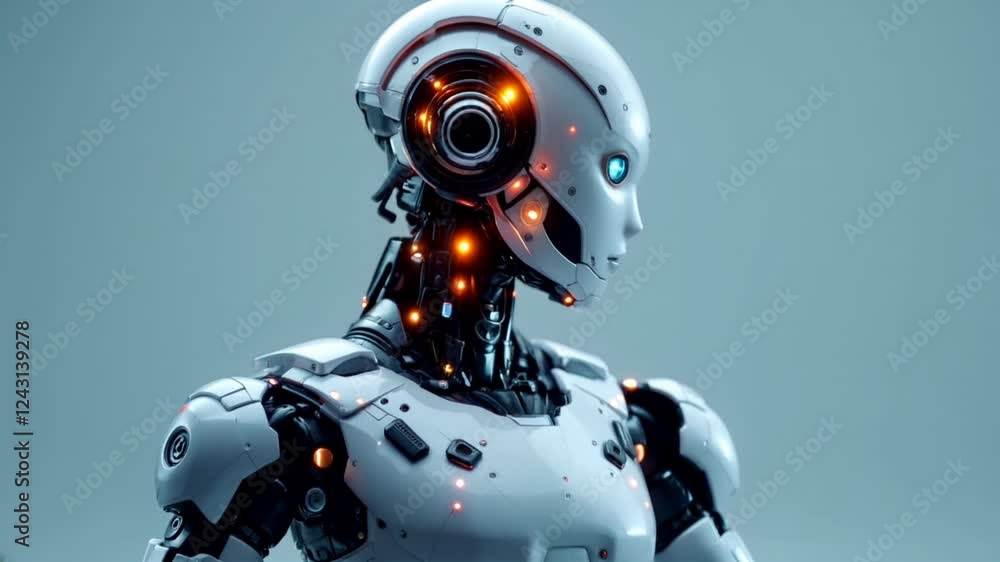 Side profile of futuristic robot with glowing mechanical details. Technology concept Side profile of futuristic robot with glowing mechanical details. Technology concept