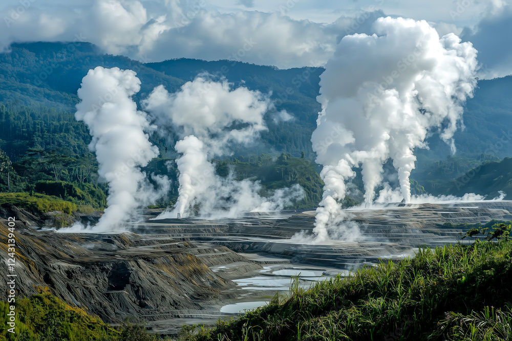 Obraz premium Steam rises from a geothermal area nestled in a mountainous landscape. The scene showcases the power of nature's energy.