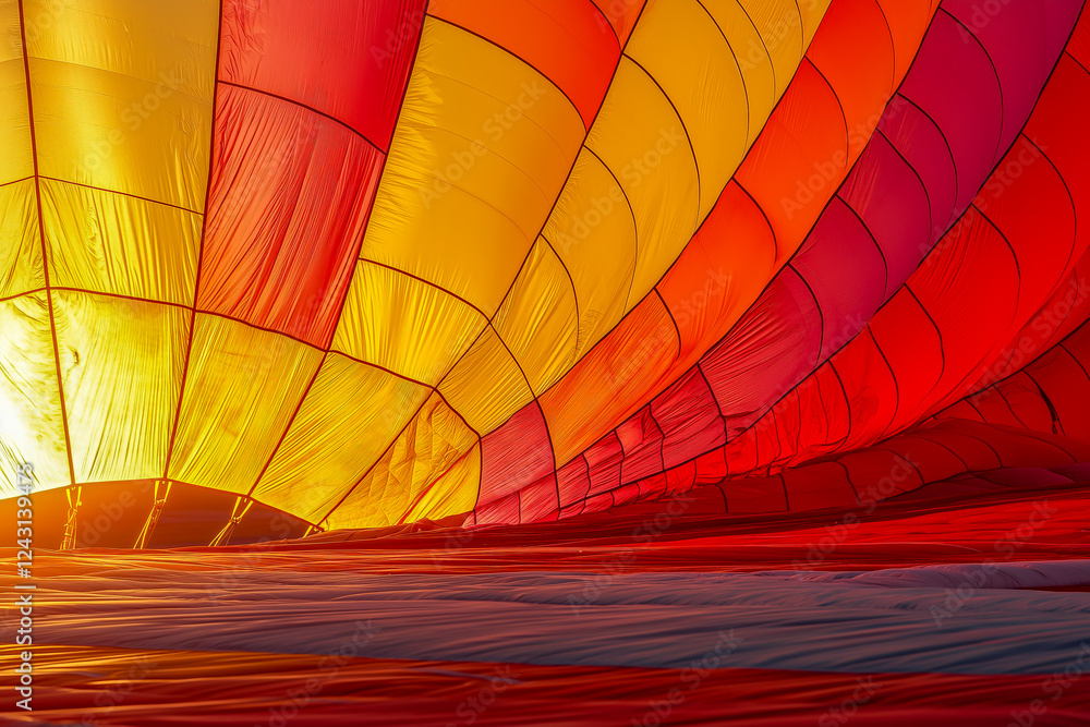 Obraz premium Vibrant sunrise colors illuminate the inside of a hot air balloon, showcasing the intricate fabric panels and the breathtaking view.