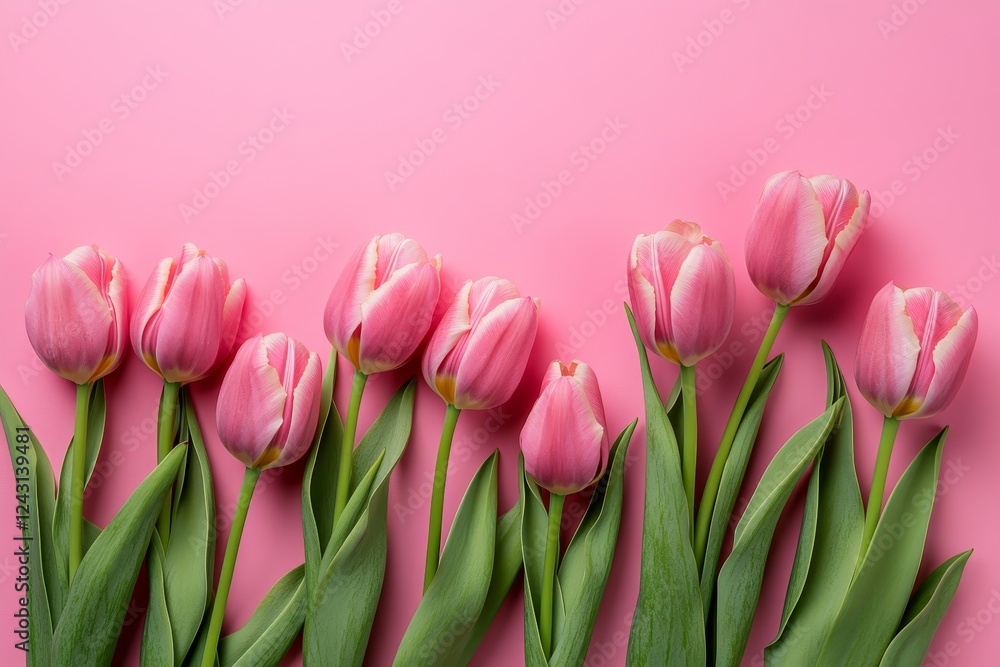 Pink tulips arranged on pink background, spring floral design, greeting card Pink tulips arranged on pink background, spring floral design, greeting card