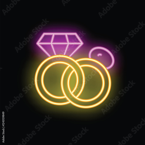 Colorful neon sign depicting interlocked wedding rings with a diamond, symbolizing love, commitment, and celebration