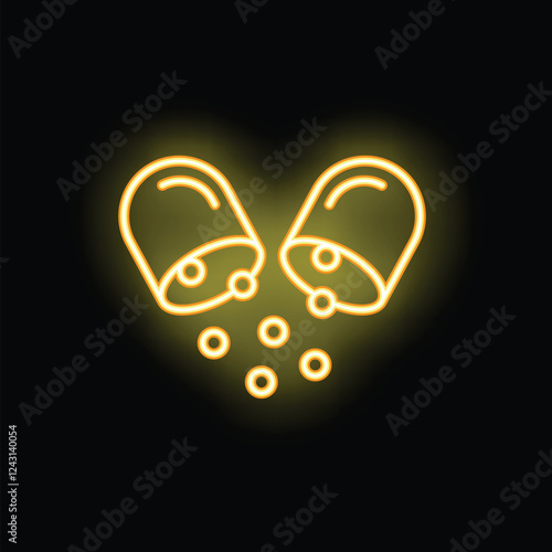 Open medical capsule releasing medicine, represented by small balls, in neon light style over black background