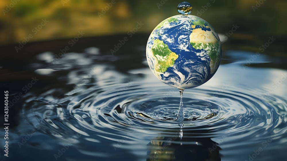 Symbolic design of a globe depicted as a water sphere, attached to a tap releasing a single droplet onto a reflective surface. Symbolic design of a globe depicted as a water sphere, attached to a tap releasing a single droplet onto a reflective surface.