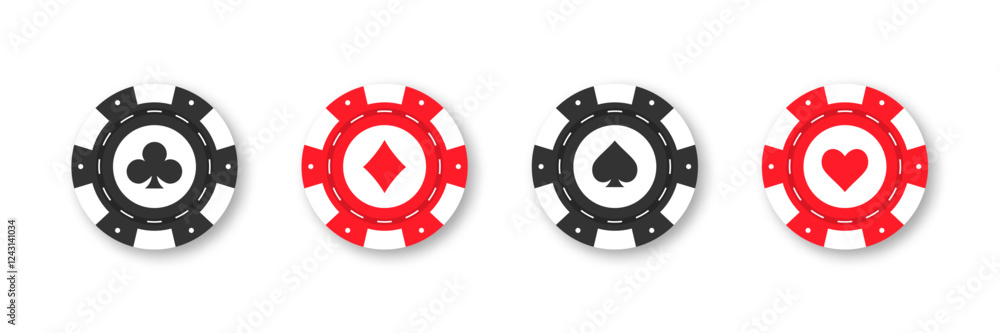 Fototapeta premium Gambling casino chips with suits. Colorful collection of casino chips with suits for gaming promotions, betting designs, and casino projects. Poker chips and coins isolated on white background. Vector