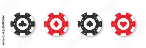 Gambling casino chips with suits. Colorful collection of casino chips with suits for gaming promotions, betting designs, and casino projects. Poker chips and coins isolated on white background. Vector
