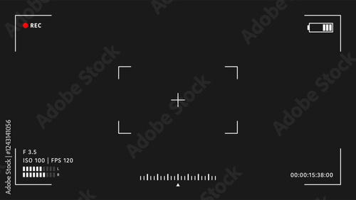 Camera viewfinder overlay. Video camera viewfinder on black background. Video camera viewfinder display frame for recording video and photos. Recording camera screen with indicators and frame. Vector