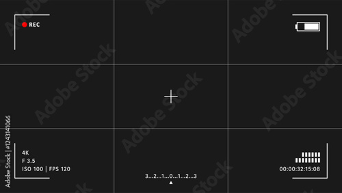 Camera viewfinder overlay. Video camera viewfinder on black background. Video camera viewfinder display frame for recording video and photos. Recording camera screen with indicators and frame. Vector