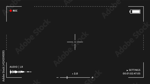 Camera viewfinder overlay. Video camera viewfinder on black background. Video camera viewfinder display frame for recording video and photos. Recording camera screen with indicators and frame. Vector