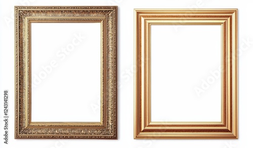 Two golden empty frames hanging on a white wall
