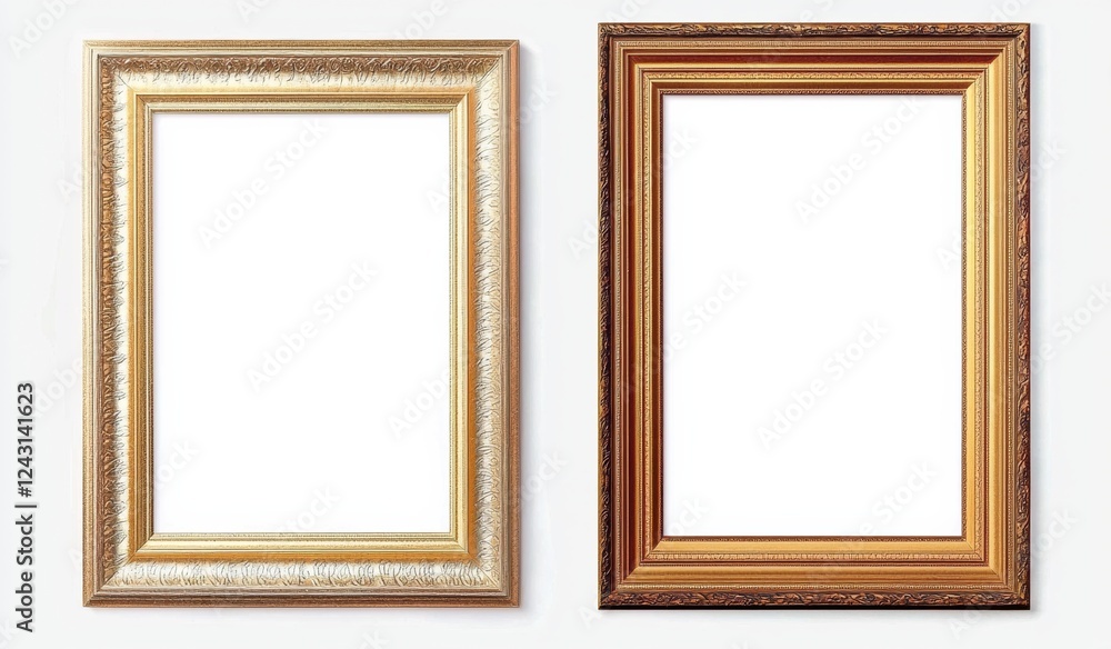 Two golden empty frames hanging on a white wall Two golden empty frames hanging on a white wall