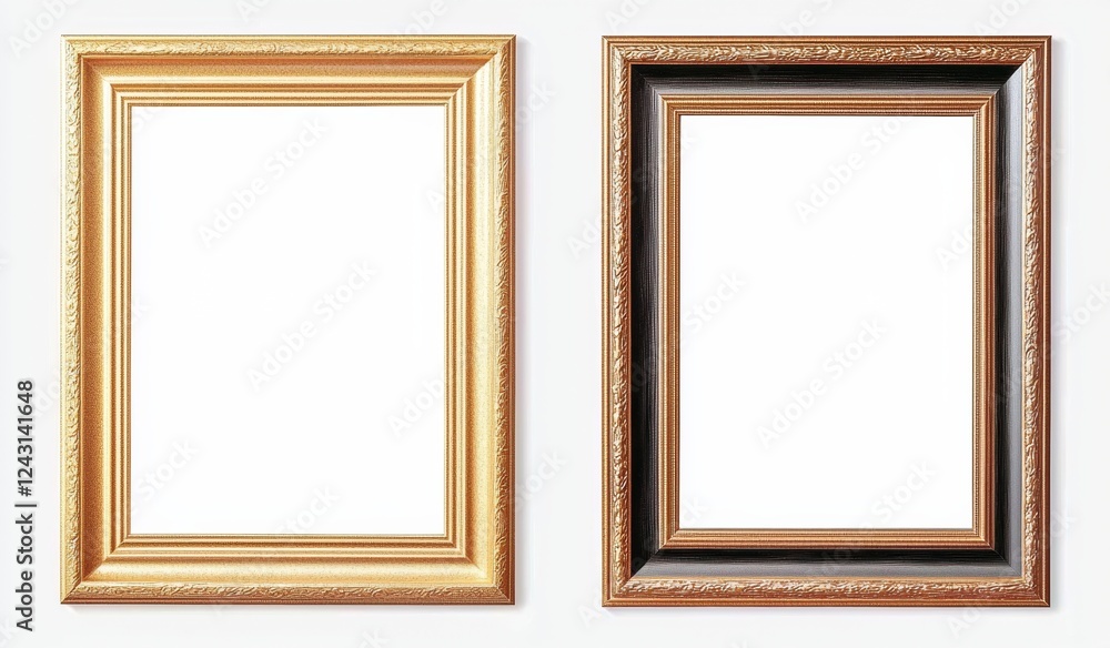 Two empty golden frames hanging on a white wall Two empty golden frames hanging on a white wall