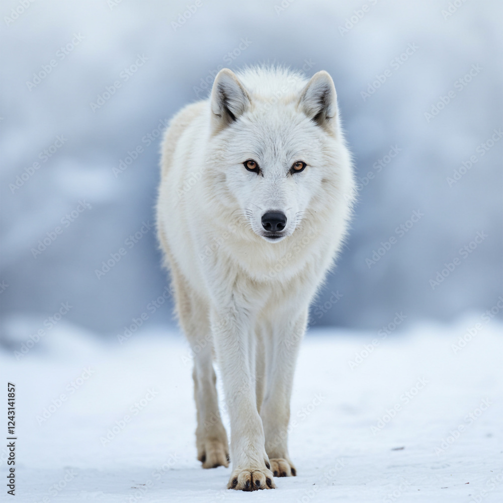 A regal white wolf walks forward confidently, its muscular frame visible beneath thick fur A regal white wolf walks forward confidently, its muscular frame visible beneath thick fur
