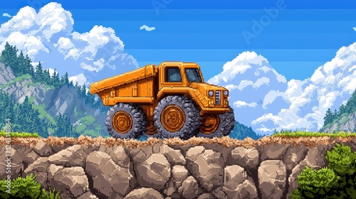 Orange Dump Truck on Rocky Terrain Under Blue Sky and Clouds photo