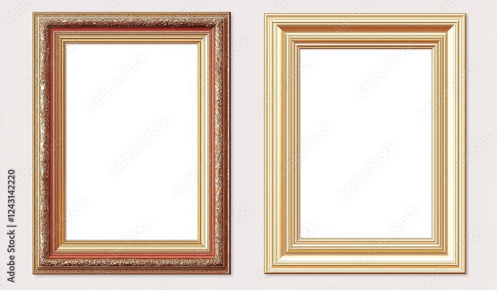 Two golden empty frames hanging on a white wall Two golden empty frames hanging on a white wall