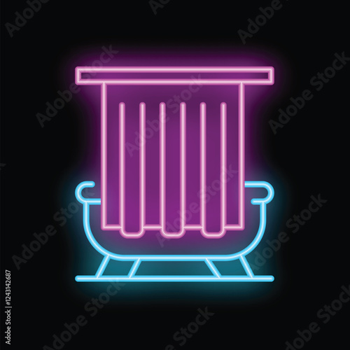 Vibrant neon illustration representing a bathtub with a shower curtain, suitable for bathroom signage or spa related designs