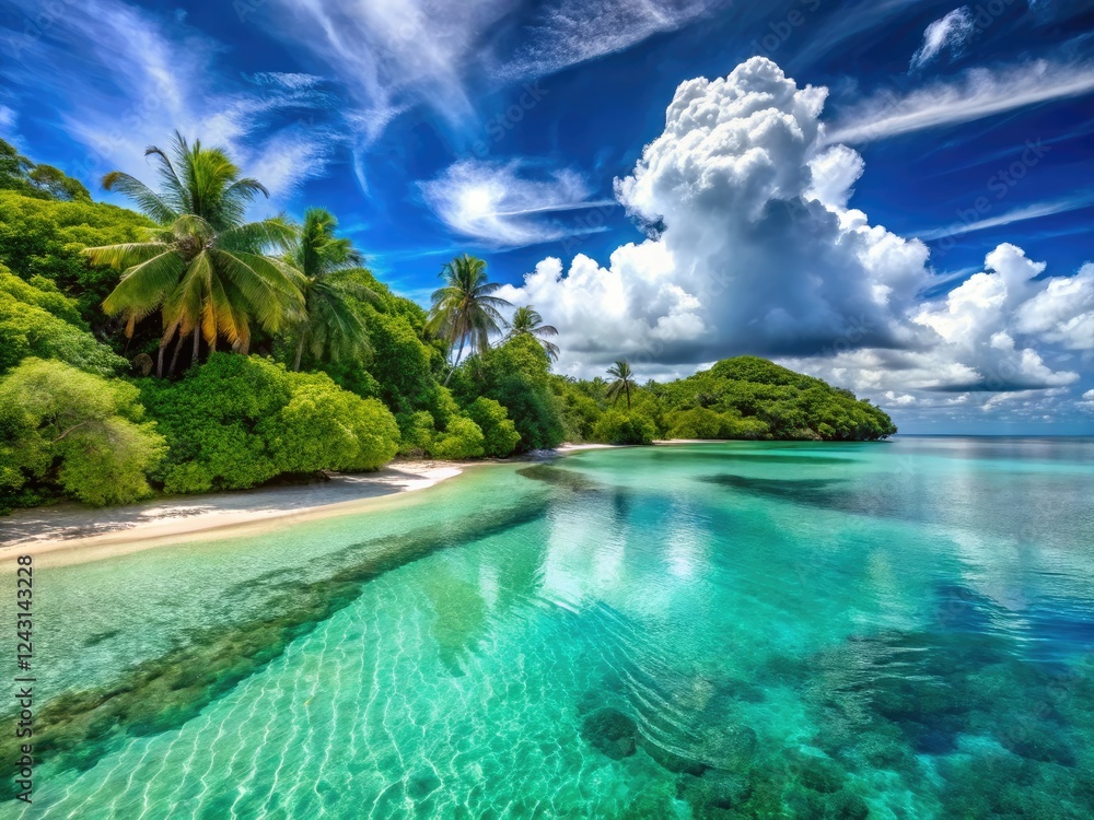 Obraz premium Escape to paradise: stunning turquoise waters, pristine white sands, panoramic lagoon views.