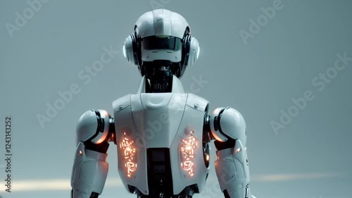 Rear view of futuristic robot with illuminated panel details. Technology concept