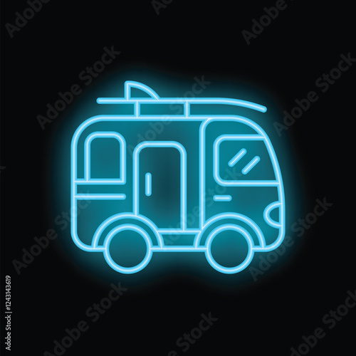 Bright blue neon sign depicting a passenger van equipped with surfboards, evoking a sense of summer adventure and road trips