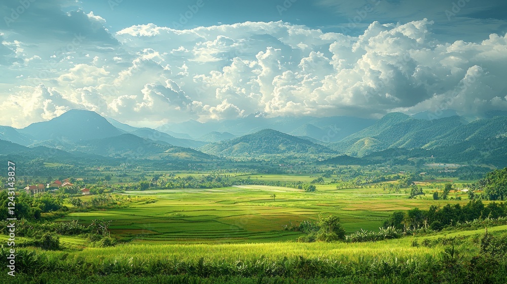 Fototapeta premium Nestled in the hills of northern Vietnam, vibrant rice fields are bathed in soft sunlight