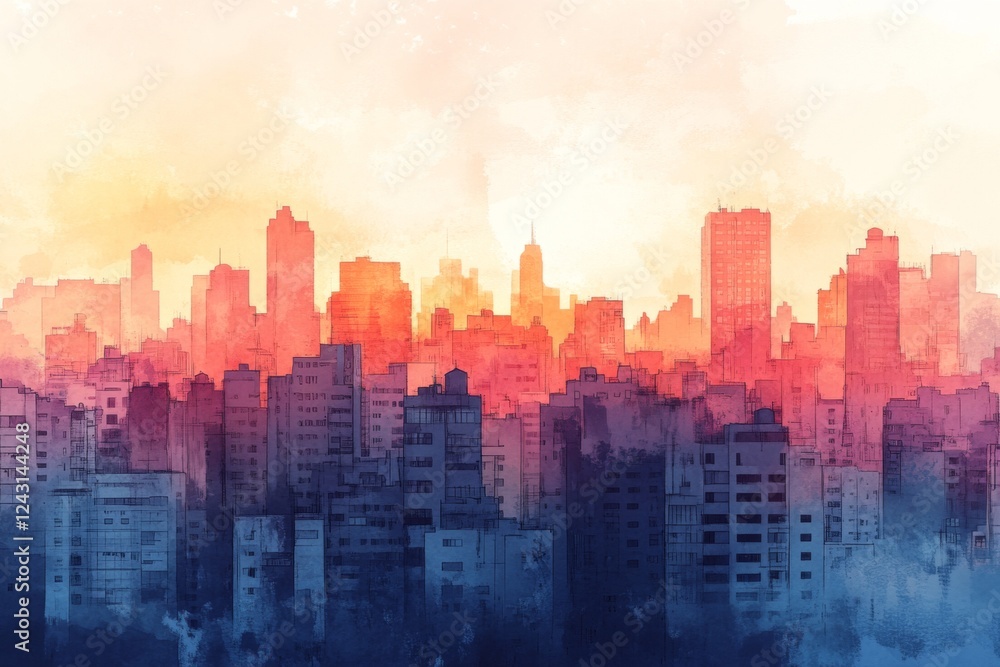 Obraz premium City skyline at dusk with glowing orange lights