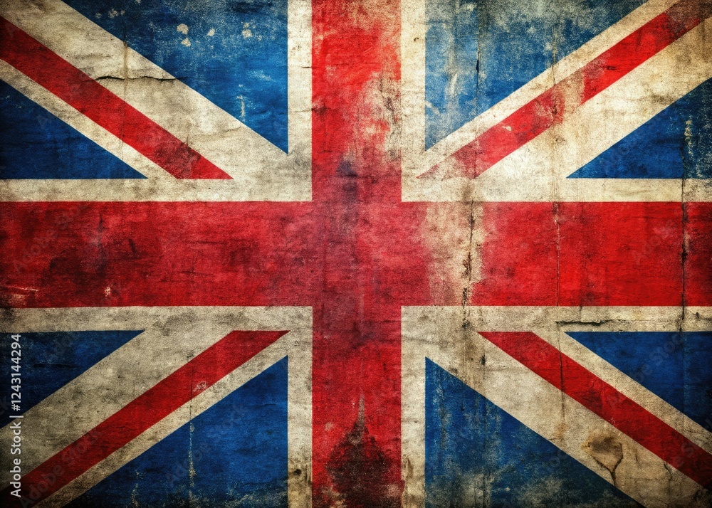 Extreme close-up reveals Union Jack's textured grunge; macro photography captures faded British flag detail.