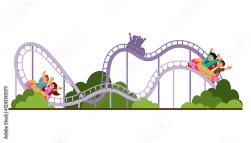 Roller coaster. Amusement park. Extreme attraction. People ride roller coasters. Flat illustration isolated on white background.