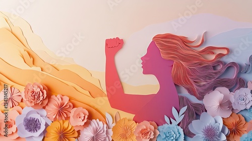 A paper-cut poster celebrating Women's Day.  It shows a woman's silhouette with raised fists, offering space for text.  The design represents feminism, freedom, and women's rights.