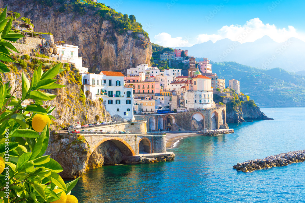 Morning view of Amalfi cityscape on coast line of mediterranean sea, Italy