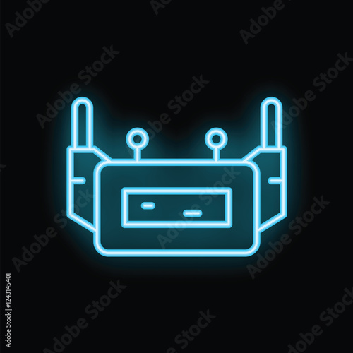 Blue neon icon of a router glowing on dark background