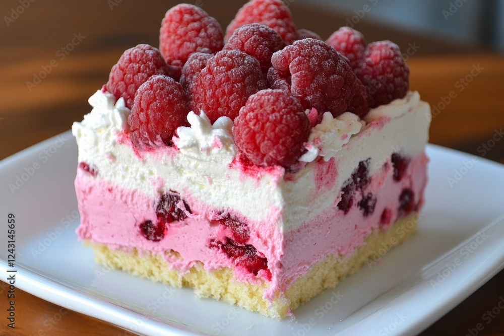 Raspberry cake slice on white plate in soft natural light. AI image Raspberry cake slice on white plate in soft natural light. AI image