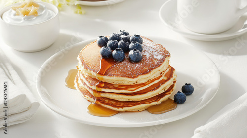 Delicious breakfast pancakes with blueberries and syrup on a white table photo