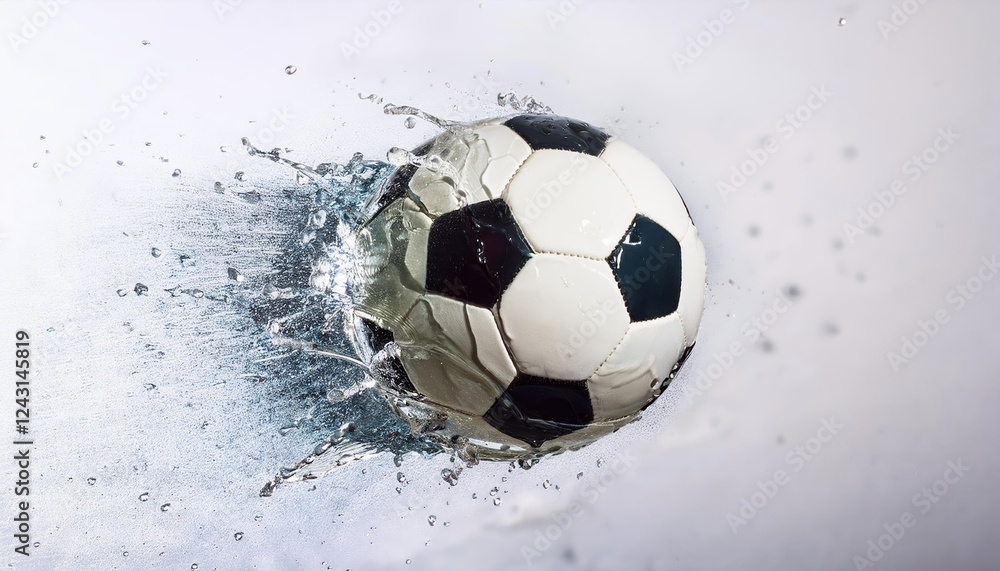 Fototapeta premium Dynamic firefly glass soccer ball bursting with water on a white background creating a visually striking effect