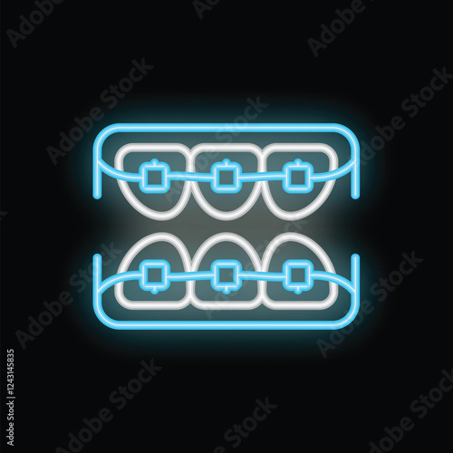 Neon sign depicting braces aligning teeth, symbolizing orthodontic treatment and dental care